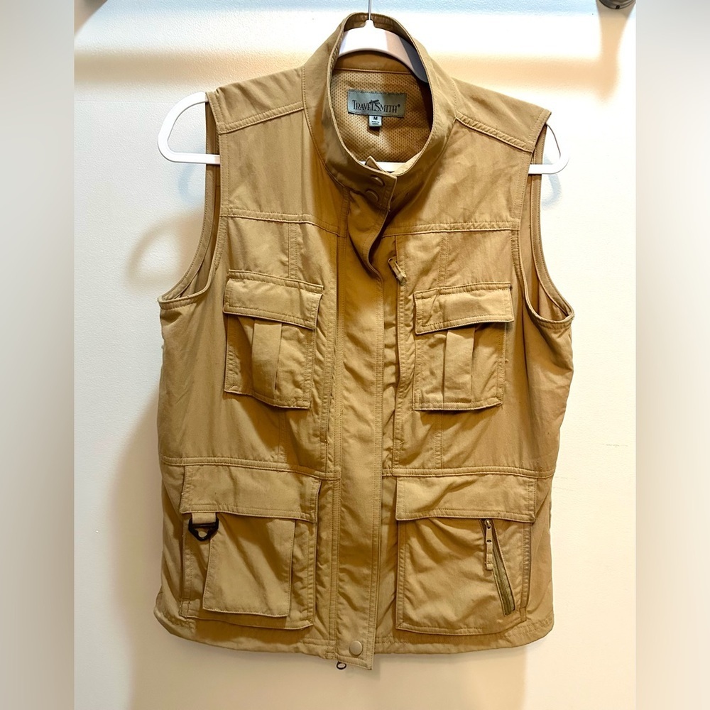 Travel Smith Mens Utility Vest Pockets Tan Safari Fishing Size M